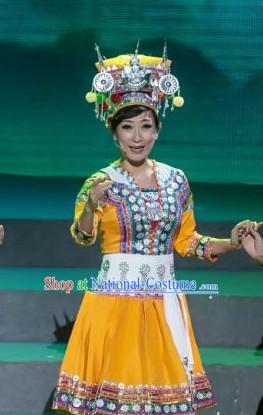 Chinese Folk Ethnic Dance Costume Traditional Minority Clothing National Costumes and Headwear Complete Set for Women