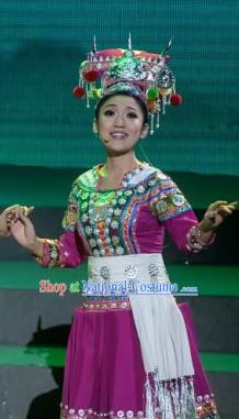 Chinese Folk Ethnic Dance Costume Traditional Minority Clothing National Costumes and Headwear Complete Set for Women