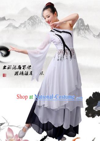 Chinese Theater Traditional Dance Ribbon Dancing Long Sleeve Leotard China Fan Dance Costume Complete Set for Women Girls