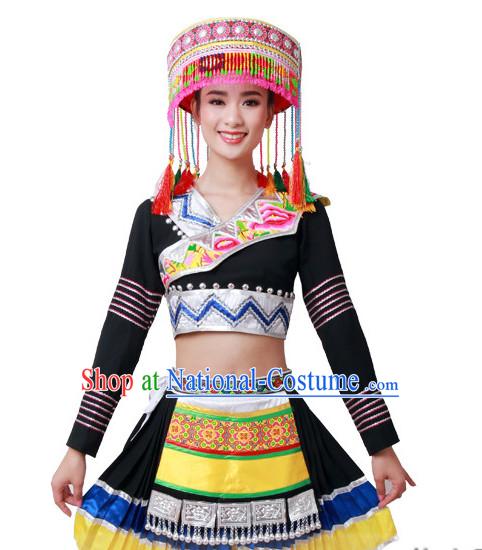 Chinese Miao People Folk Dance Ethnic Dresses Traditional Wear Clothing Cultural Dancing Costume Complete Sets for Women