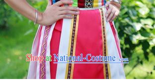 Chinese Zhuang People Folk Dance Ethnic Dresses Traditional Wear Clothing Cultural Dancing Costume Complete Sets for Women