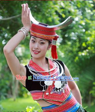 Chinese Zhuang People Folk Dance Ethnic Dresses Traditional Wear Clothing Cultural Dancing Costume Complete Sets for Women