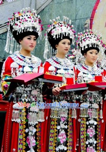 Chinese Miao People Folk Dance Ethnic Dresses Traditional Wear Clothing Cultural Dancing Costume Complete Sets for Women