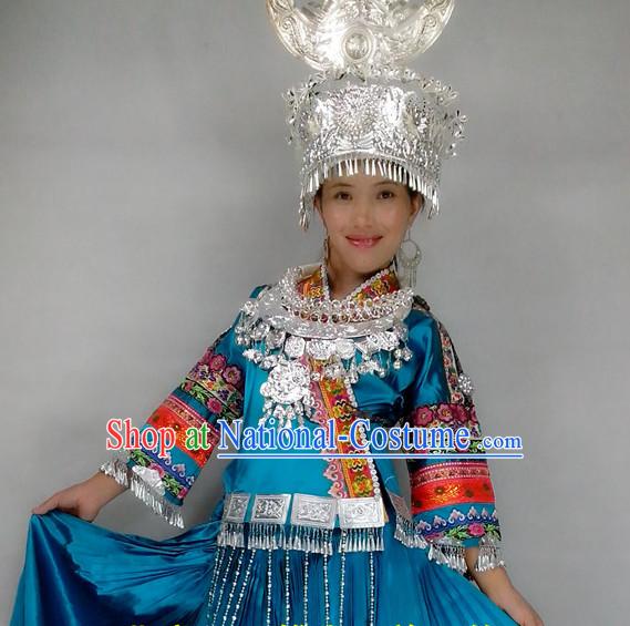 Chinese Miao People Folk Dance Ethnic Dresses Traditional Wear Clothing Cultural Dancing Costume Complete Sets for Women