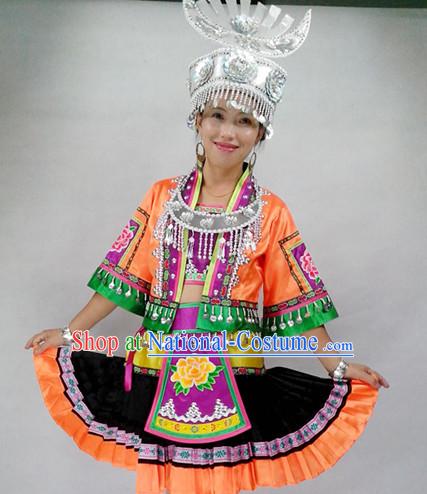 Chinese Miao People Folk Dance Ethnic Dresses Traditional Wear Clothing Cultural Dancing Costume Complete Sets for Women