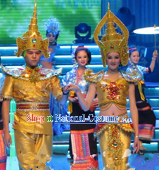 Traditional Thailand National Dance Costumes and Hats Complete Set for Women and Men