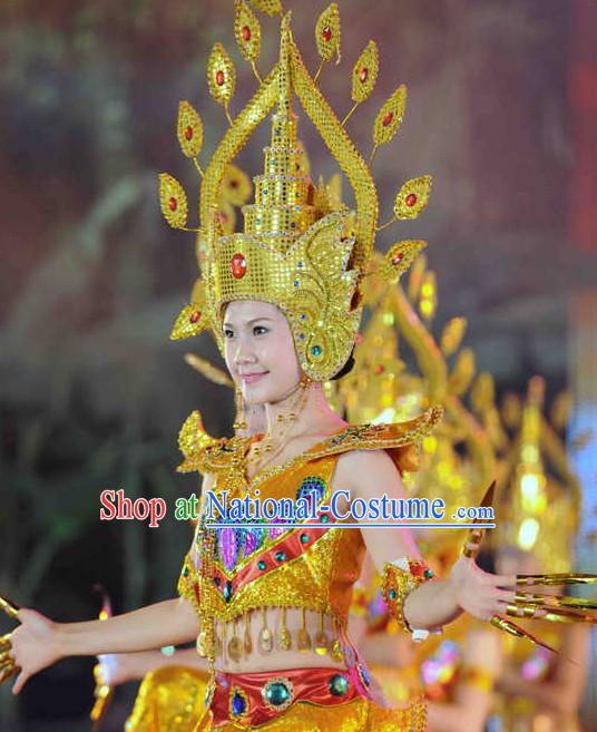 Traditional Thailand National Dance Costumes and Hat Complete Set for Women