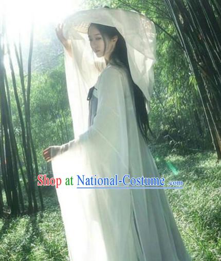 Ancient Chinese Tang Dynasty Style Skirt Clothing and Concial Straw Hat Complete Set for Women