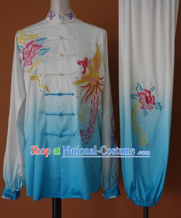 Top Asian Championship Color Changing Gradient Embroidered Phoenix Kung Fu Martial Arts Uniform Suit for Women Girls