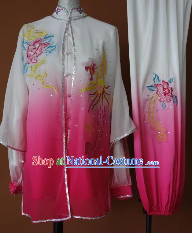 Top Asian Championship Color Changing Gradient Embroidered Phoenix Kung Fu Martial Arts Uniform Suit Three Pieces Set for Women Girls