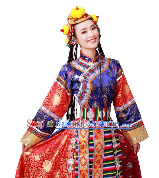 Chinese Tibetan Folk Dance Dress Clothing Dresses Costume Ethnic Dancing Cultural Dances Costumes for Women Girls