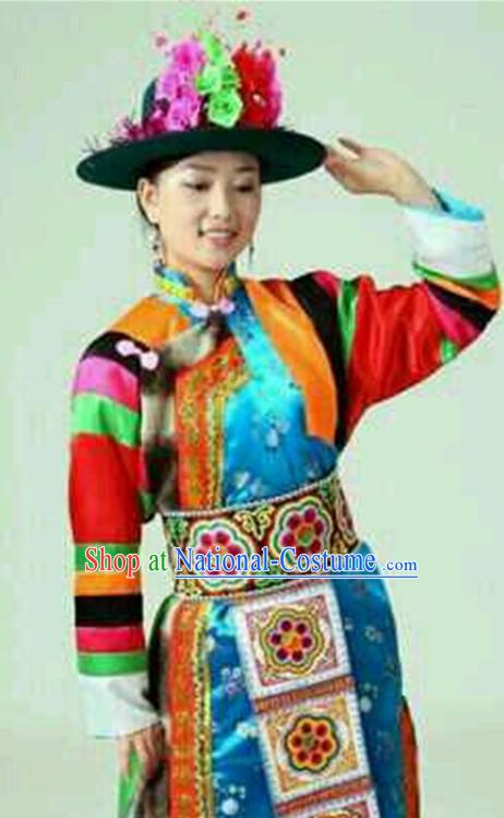 Chinese Tibetan Folk Dance Dress Clothing Dresses Costume Ethnic Dancing Cultural Dances Costumes for Women Girls