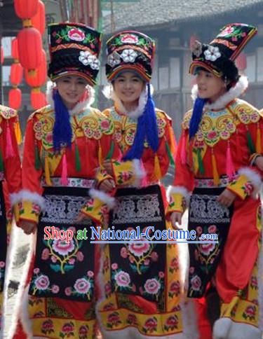 Chinese Folk Dance Dress Clothing Dresses Costume Ethnic Dancing Cultural Dances Costumes for Women Girls