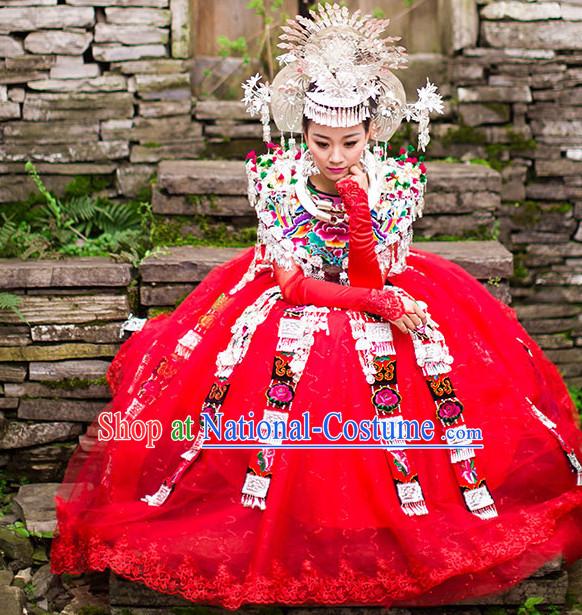 Chinese Hmong Girls Miao Nationality Ethnic Groups Wear Dresses Traditional Clothing for Women