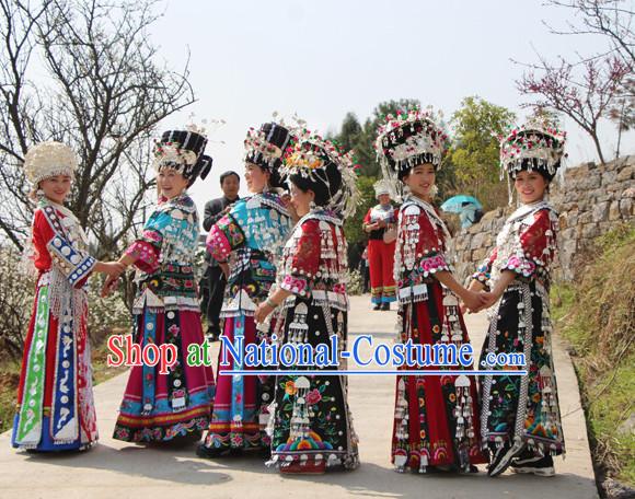 Chinese Hmong Girls Miao Nationality Ethnic Groups Wear Dresses Traditional Clothing for Women