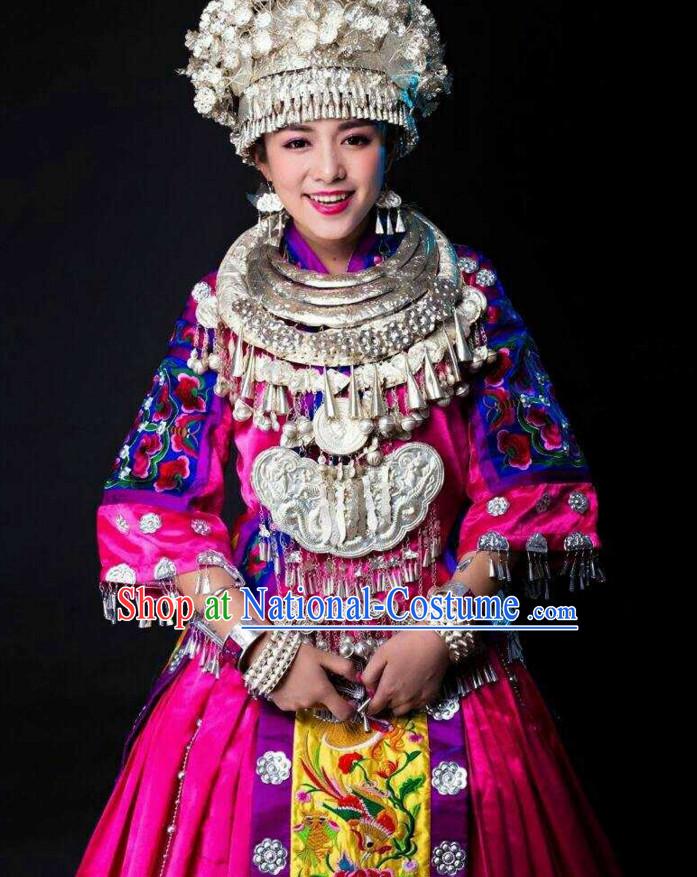 Traditional Chinese Hmong Singer Costumes Miao Dress Asian Ethnic Clothing National Costume Attire and Silver Hat Complete Set for Women