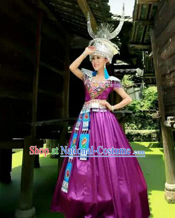 Traditional Chinese Hmong Singer Costumes Miao Dress Asian Ethnic Clothing National Costume Attire and Silver Hat Complete Set for Women