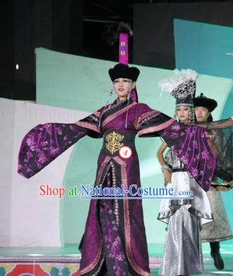 Traditional Mongolian Clothing Ancient Ethnic Empress Princess Clothes and Hat Complete Set for Women