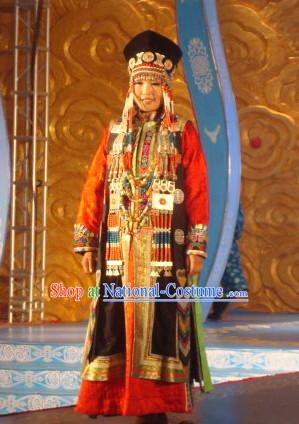 Traditional Mongolian Clothing Ancient Ethnic Princess Clothes and Hat Complete Set for Women