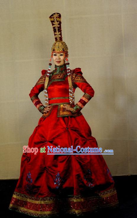 Traditional Mongolian Clothing Ancient Ethnic Queen Dresses and Hat Complete Set for Women