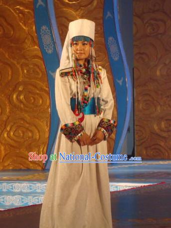 Traditional Mongolian Clothing Ancient Ethnic Queen Dresses and Hat Complete Set for Women