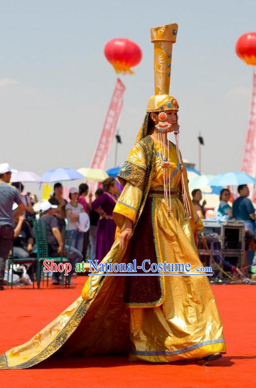 Traditional Mongolian Clothing Ancient Ethnic Queen Dresses and Hat Complete Set for Women