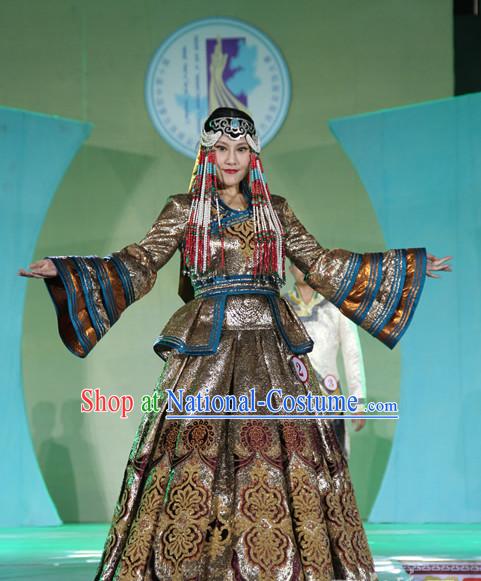 Traditional Mongolian Clothing Ancient Ethnic Queen Garment and Hat Complete Set for Women