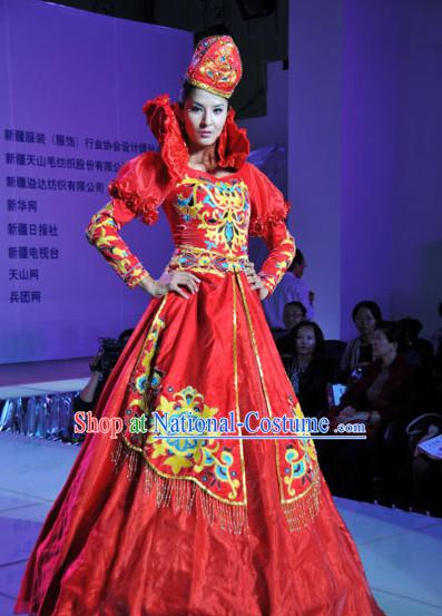 Traditional Mongolian Clothing Ancient Ethnic Queen Wedding Garment and Hat Complete Set for Women