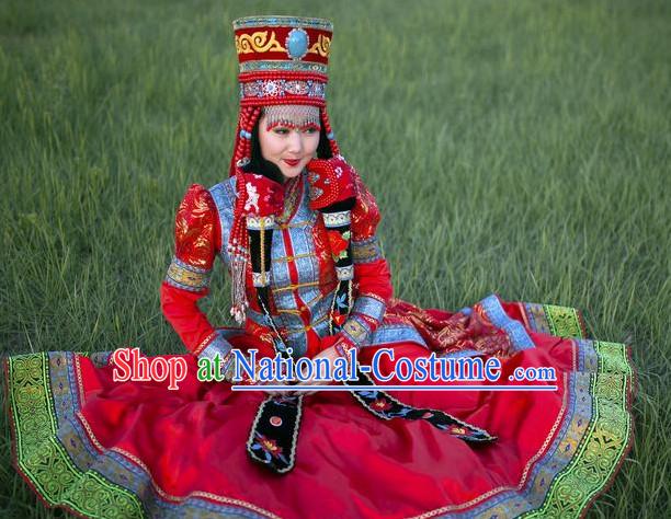 Traditional Mongolian Clothing Ancient Ethnic Queen Wedding Garment and Hat Complete Set for Women