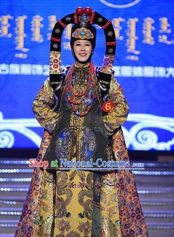 Top Traditional Mongolian Clothing Ancient Ethnic Queen Garments and Hat Complete Set for Women