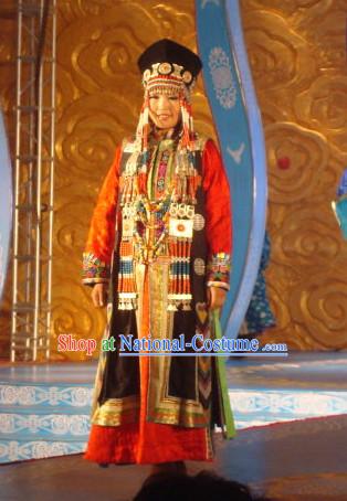 Top Traditional Mongolian Clothing Ancient Ethnic Queen Garments and Hat Complete Set for Women