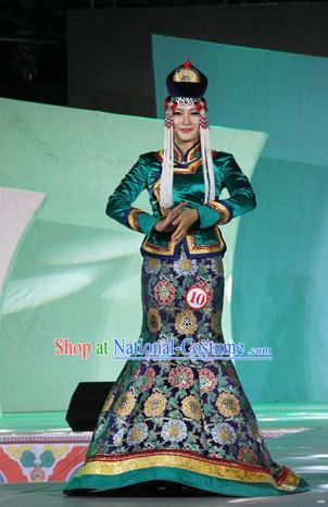 Top Traditional Mongolian Clothing Ancient Ethnic Queen Garments and Hat Complete Set for Women