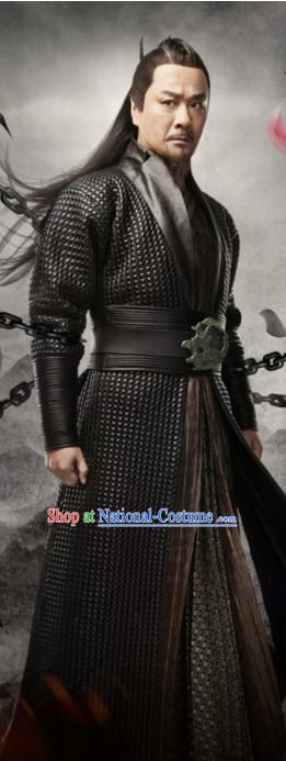 Ancient Chinese Traditional Swordsman Black Costumes and Hair Accessories Complete Set for Men