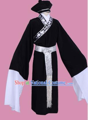 Black Chinese Opera Costumes Huangmei Opera Stage Performance Costume Chinese Traditional Costume Drama Costumes and Hat Complete Set for Men