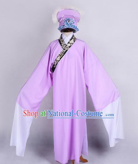 Light Purple Chinese Opera Costumes Huangmei Opera Stage Performance Costume Chinese Traditional Costume Drama Costumes and Hat Complete Set for Men