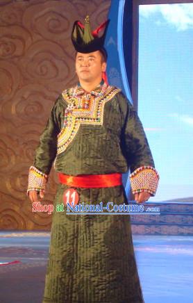 Chinese Traditional Ethnic Mongolian Dress Wear Clothing and Hat Complete Set