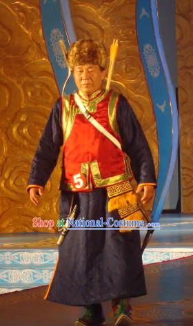 Chinese Traditional Ethnic Mongolian Musician National Costumes Dresses Wear Clothing and Hat Complete Set for Men