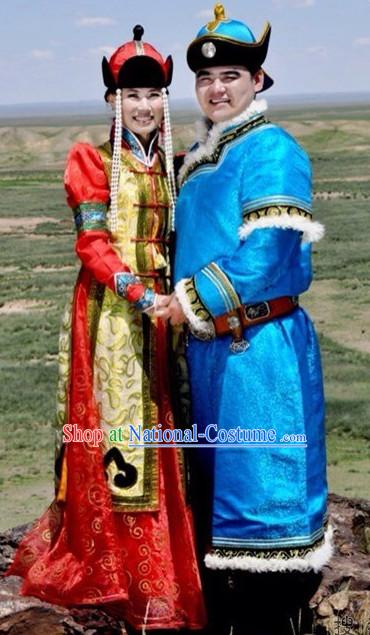 Chinese Traditional Ethnic Empress and Emperor National Costumes Wedding Dresses Wear Clothing and Hat 2 Complete Sets