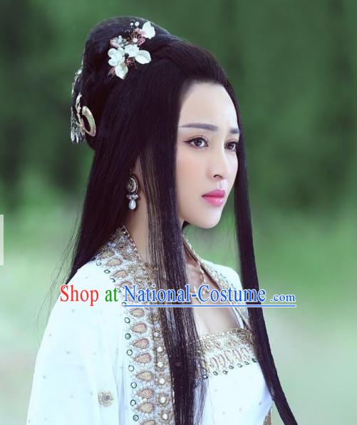 Chinese Ancient Handmade Hair Jewelry and Black Long Wigs for Women