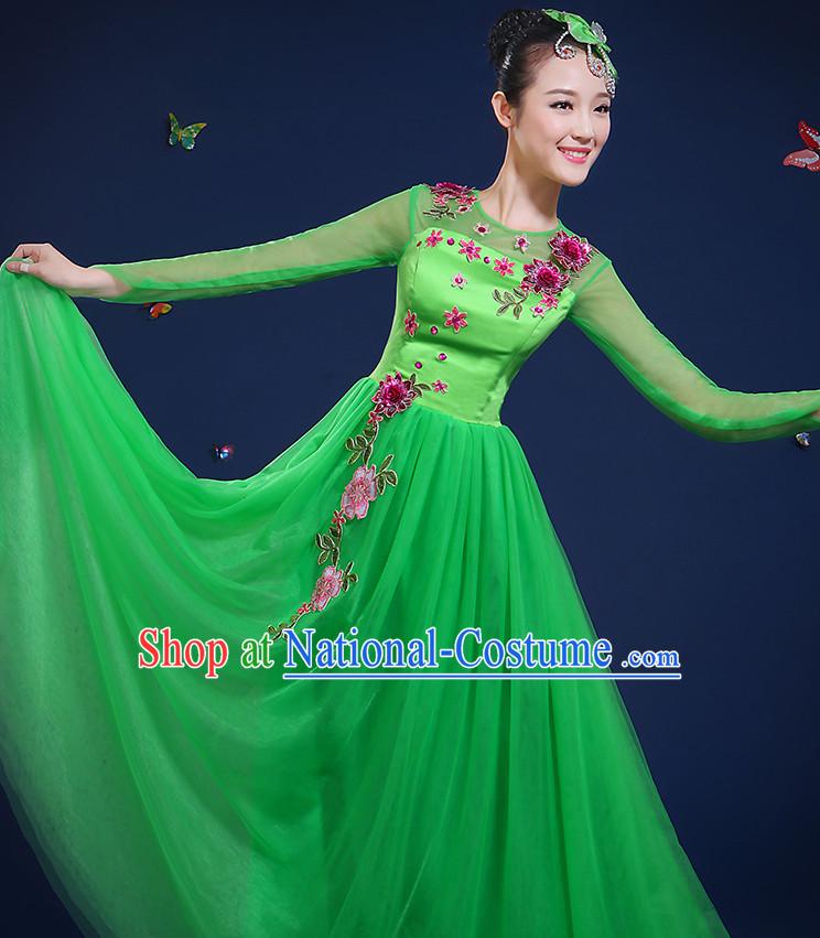 Chinese Fan Dance Costumes and Headpieces Complete Set for Women