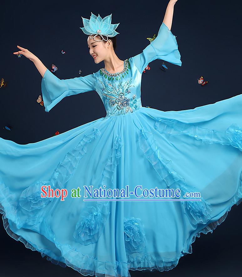 Chinese Fan Dance Costumes and Headpieces Complete Set for Women