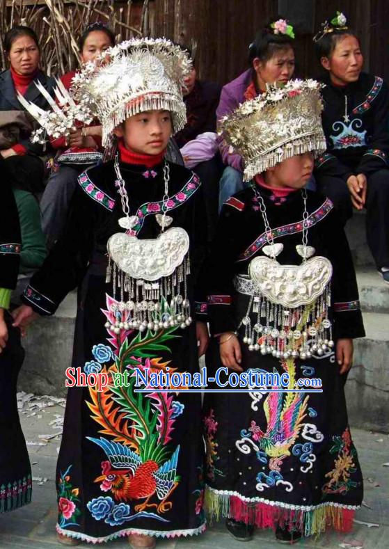 Chinese Miao Ethnic Clothing Minority Clothing Cultural Costumes and Hat Complete Set for Kids