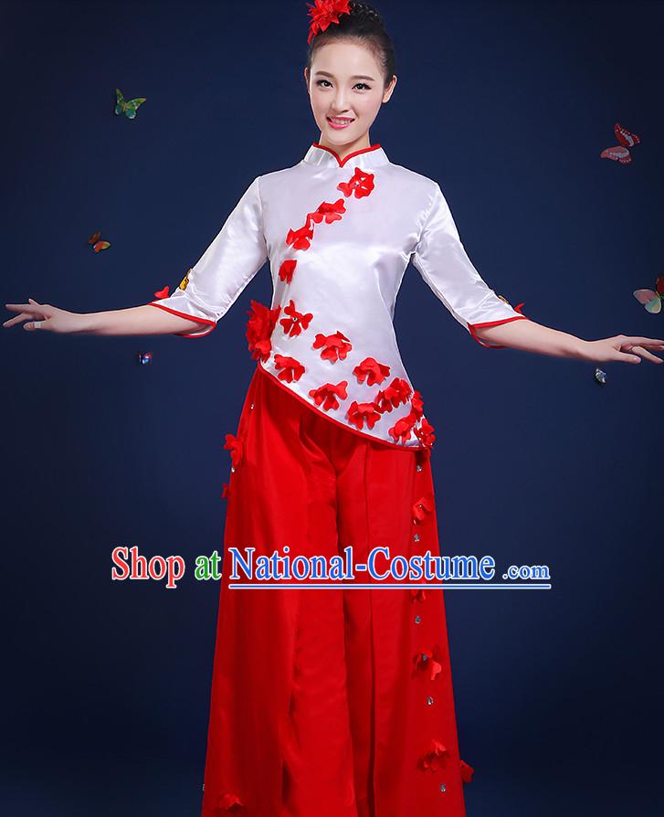 Chinese Folk Fan Dance Costumes and Headpieces Complete Set for Women