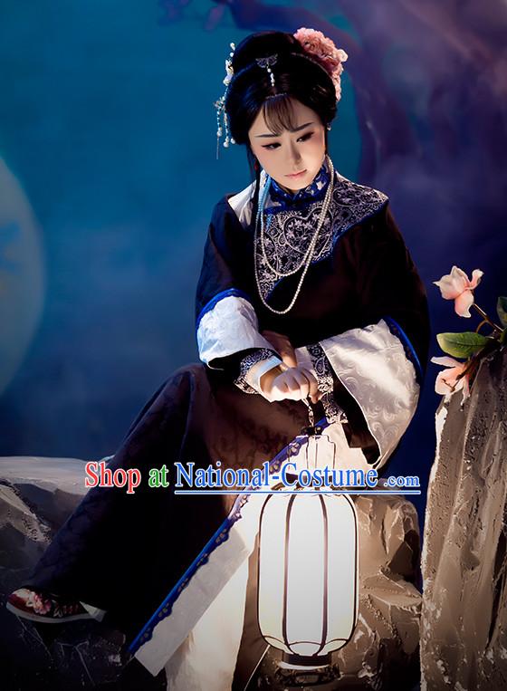 Chinese Qing Dynasty Hanfu Clothing Mandarin Dresses and Hair Accessories Complete Set for Women