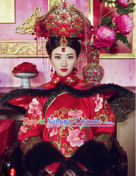 Chinese Empress Manchu Women s Wedding Bridal Clothing _ Apparel Chinese Traditional Dress Theater and Reenactment Costumes and Headwear Complete Set