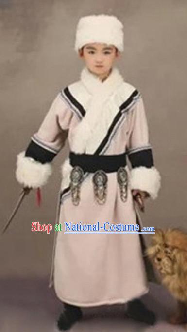 Chinese Ancient Mongolian Kids s Clothing _ Apparel Chinese Traditional Dress Theater and Reenactment Costumes and Hat Complete Set