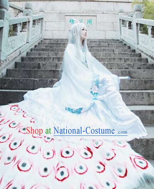 Chinese Men Traditional Royal Emperor White Peacock Dress Cheongsam Ancient Chinese Imperial Clothing Cultural Robes Complete Set