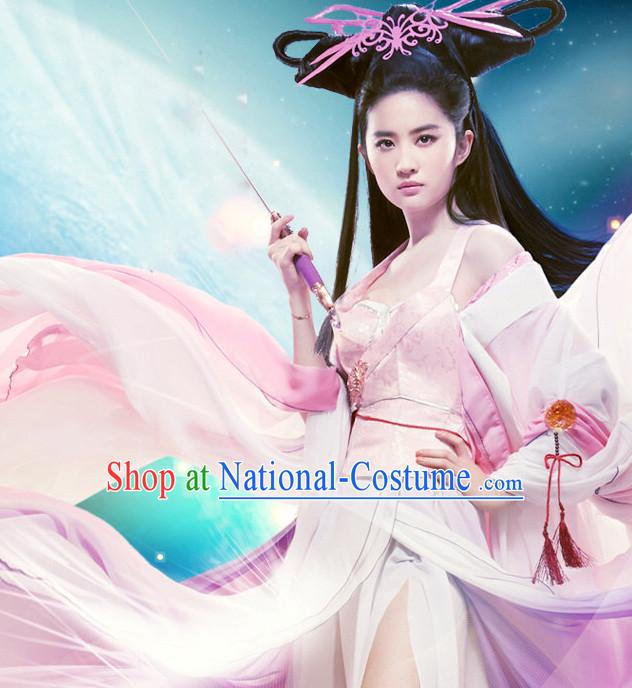 Chinese TV Drama Fairy Costume Ancient Theatrical Costumes Historical Clothing and Hair Jewelry Complete Set for Women