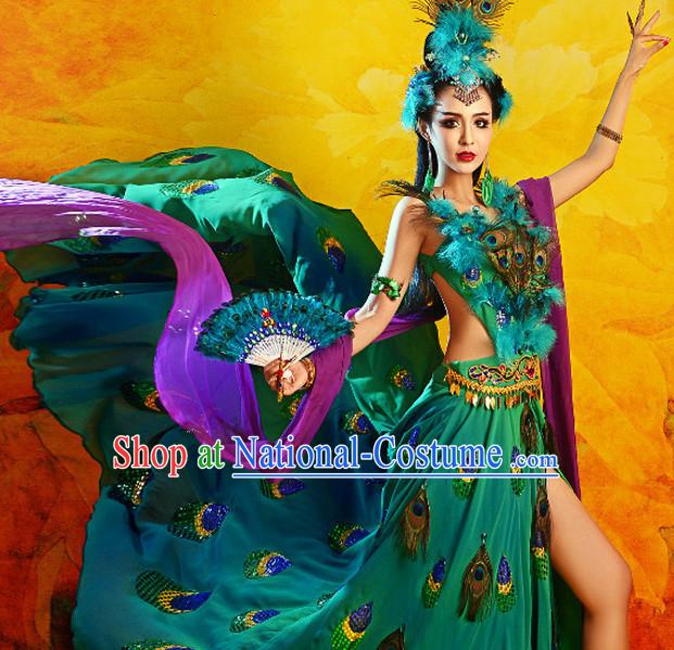 Chinese TV Drama Peacock Beauty Costume Ancient Theatrical Costumes Historical Clothing and Hair Jewelry Complete Set for Women