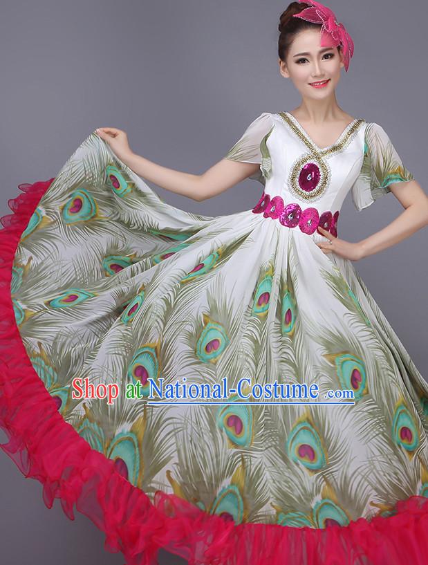 Chinese Peacock Dance Costume Dance Costumes Fan dance Umbrella Ribbon Fans Water Sleeve Dancer Dancing Costumes Complete Set